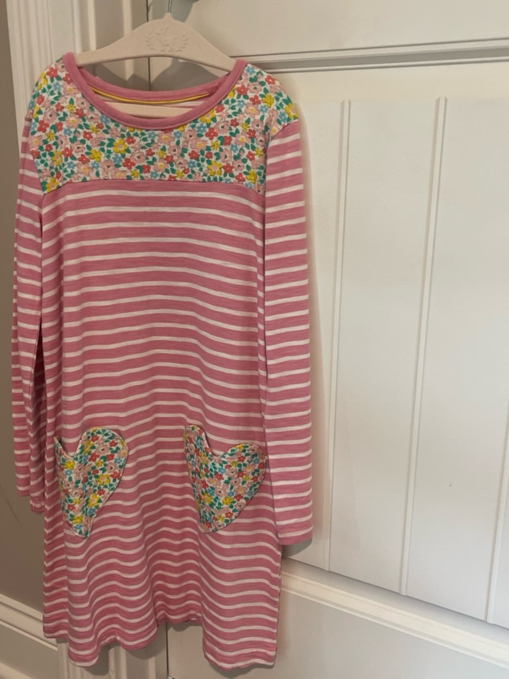 Mini Boden Pink and White Stripe Nightgown with Floral Heart Pockets
